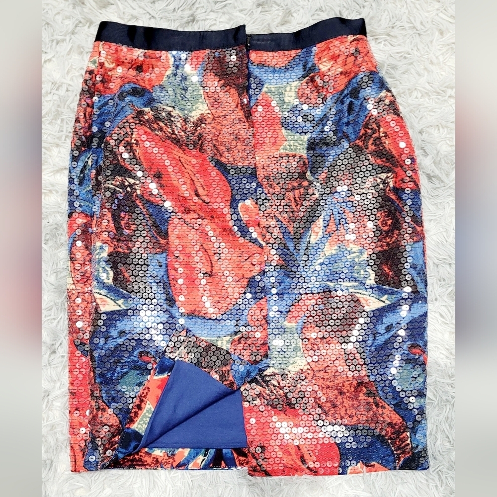 Red/Blue Floral Wolven "Sugared Fleur" Sequin Skirt Set, Small, FREE Shipping - Picture 4 of 5